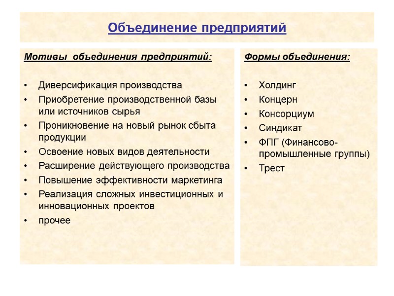 Объединение предприятий Мотивы  объединения предприятий:  Диверсификация производства Приобретение производственной базы или источников